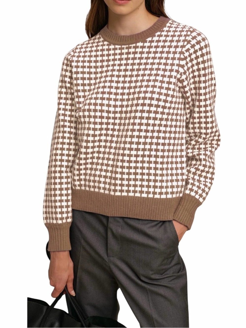 DELUC Cody Geometric Jacquard Sweater Womens Size XS Brown Preppy Old Money Top